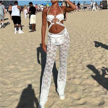 Miqil Women Sexy Lace 2 Piece Outfits Fairycore Slim Fit Y2k See Through Cami Top High Waist Mesh Pants Set Going Out Set