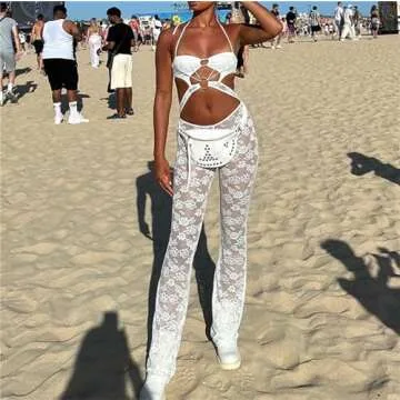 Miqil Women Sexy Lace 2 Piece Outfits Fairycore Slim Fit Y2k See Through Cami Top High Waist Mesh Pants Set Going Out Set