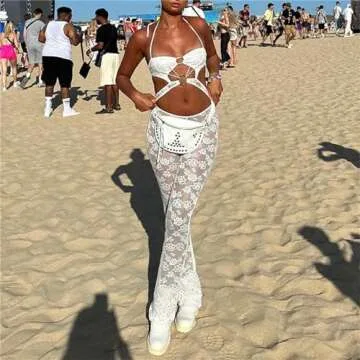 Miqil Women Sexy Lace 2 Piece Outfits Fairycore Slim Fit Y2k See Through Cami Top High Waist Mesh Pants Set Going Out Set