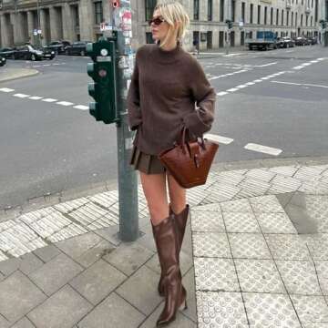 MIRAAZZURRA Brown Kitten Heel Knee High Boots for Women Pointed Toe Low Heel Tall Boots Wide Calf Winter Fall Boots with Side Zipper for Office Casual 7