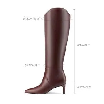 MIRAAZZURRA Brown Kitten Heel Knee High Boots for Women Pointed Toe Low Heel Tall Boots Wide Calf Winter Fall Boots with Side Zipper for Office Casual 7