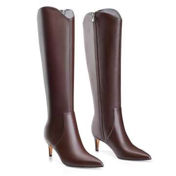MIRAAZZURRA Brown Kitten Heel Knee High Boots for Women Pointed Toe Low Heel Tall Boots Wide Calf Winter Fall Boots with Side Zipper for Office Casual 7