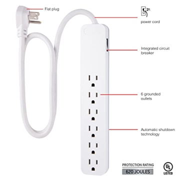 GE Pro 6-Outlet Surge Protector, 2 Ft Extension Cord, 620 Joules, Power Strip, Flat Plug, Integrated Circuit Breaker, Wall Mount, UL Listed, White, 40532