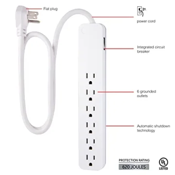 GE Pro 6-Outlet Surge Protector, 2 Ft Extension Cord, 620 Joules, Power Strip, Flat Plug, Integrated Circuit Breaker, Wall Mount, UL Listed, White, 40532