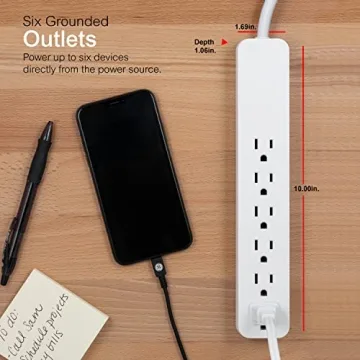 GE Pro 6-Outlet Surge Protector, 2 Ft Extension Cord, 620 Joules, Power Strip, Flat Plug, Integrated Circuit Breaker, Wall Mount, UL Listed, White, 40532