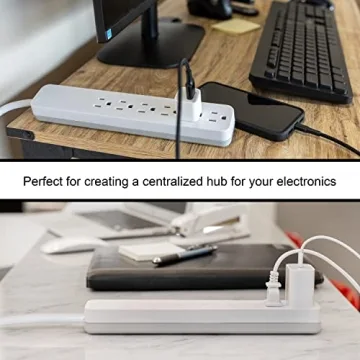 GE Pro 6-Outlet Surge Protector, 2 Ft Extension Cord, 620 Joules, Power Strip, Flat Plug, Integrated Circuit Breaker, Wall Mount, UL Listed, White, 40532