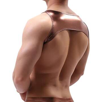 Men's Metallic Shiny Sleeveless Sport Chest Harness Half Muscle Crop Tank Top Slim Fit Strap Vest T-...