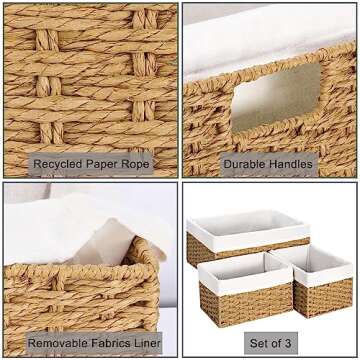Vagusicc Wicker Storage Basket, 3-Pack Woven Paper Rope Wicker Baskets with Handles, Large Wicker Ba...