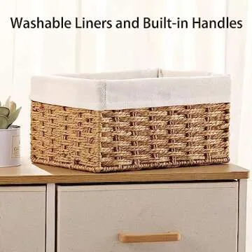 Vagusicc Wicker Storage Basket, 3-Pack Woven Paper Rope Wicker Baskets with Handles, Large Wicker Basket Cube Storage Bins with Liners, Storage Baskets for Organizing Shelves & Decor, Natural