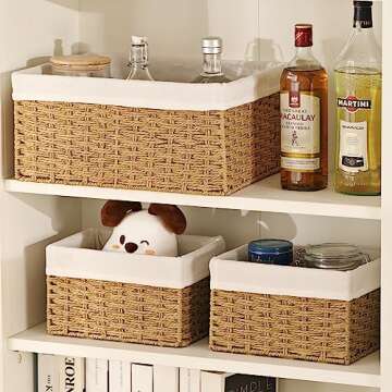Vagusicc Wicker Storage Basket, 3-Pack Woven Paper Rope Wicker Baskets with Handles, Large Wicker Basket Cube Storage Bins with Liners, Storage Baskets for Organizing Shelves & Decor, Natural