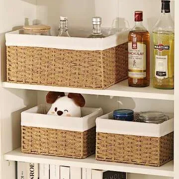 Vagusicc Wicker Storage Basket, 3-Pack Woven Paper Rope Wicker Baskets with Handles, Large Wicker Basket Cube Storage Bins with Liners, Storage Baskets for Organizing Shelves & Decor, Natural