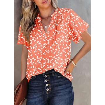 SHEWIN Summer Tops for Women 2025 Trendy Floral Print V Neck Chiffon Blouses Short Sleeve Shirts Office Boho Tops Solid Orange Small
