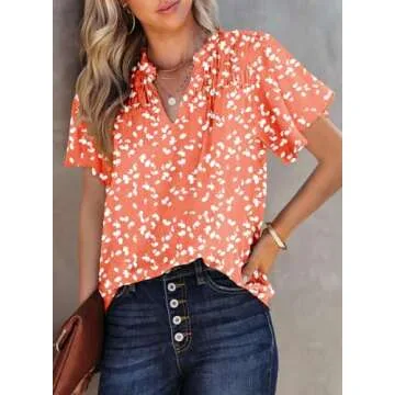SHEWIN Summer Tops for Women Trendy Floral Print V Neck Chiffon Blouses Short Sleeve Shirts