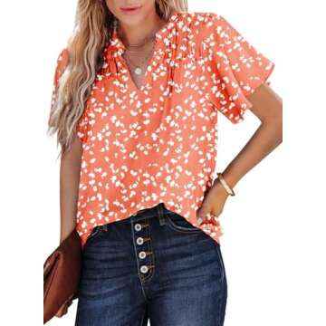 SHEWIN Summer Tops for Women 2025 Trendy Floral Print V Neck Chiffon Blouses Short Sleeve Shirts Office Boho Tops Solid Orange Small