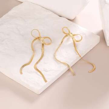 8YEARS Gold Bow Earrings for Women Dainty Ribbon Bow Stud Earrings Gold Dangle Drop Tassel Earrings Long Chain Earrings With 925 Sterling Silver Post Trendy Jewelry Gift (Gold Chian Tassel)
