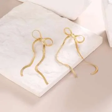 8YEARS Gold Bow Earrings for Women Dainty Ribbon Bow Stud Earrings Gold Dangle Drop Tassel Earrings Long Chain Earrings With 925 Sterling Silver Post Trendy Jewelry Gift (Gold Chian Tassel)