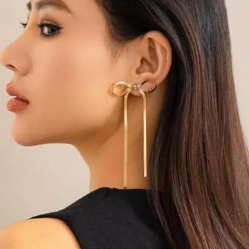 8YEARS Gold Bow Earrings for Women Dainty Ribbon Bow Stud Earrings Gold Dangle Drop Tassel Earrings Long Chain Earrings With 925 Sterling Silver Post Trendy Jewelry Gift (Gold Chian Tassel)