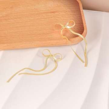 8YEARS Gold Bow Earrings for Women Dainty Ribbon Bow Stud Earrings Gold Dangle Drop Tassel Earrings Long Chain Earrings With 925 Sterling Silver Post Trendy Jewelry Gift (Gold Chian Tassel)