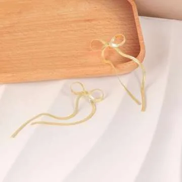 8YEARS Gold Bow Earrings for Women Dainty Ribbon Bow Stud Earrings Gold Dangle Drop Tassel Earrings Long Chain Earrings With 925 Sterling Silver Post Trendy Jewelry Gift (Gold Chian Tassel)