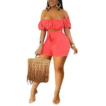 ECHOINE Women Summer One Piece Romper Off Shoulder Short Sleeve Hollow Out Bodycon Short Pants Jumpsuit Red S