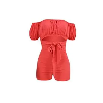ECHOINE Women Summer One Piece Romper Off Shoulder Short Sleeve Hollow Out Bodycon Short Pants Jumpsuit Red S