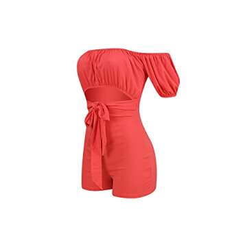 ECHOINE Women Summer One Piece Romper Off Shoulder Short Sleeve Hollow Out Bodycon Short Pants Jumpsuit Red S
