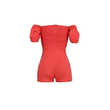 ECHOINE Women Summer One Piece Romper Off Shoulder Short Sleeve Hollow Out Bodycon Short Pants Jumpsuit Red S