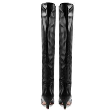 MOOMMO Women Kitten Heel Over Knee High Boots Square Toe Matte Pull On Wide Calf Pleated Low Heel Th...