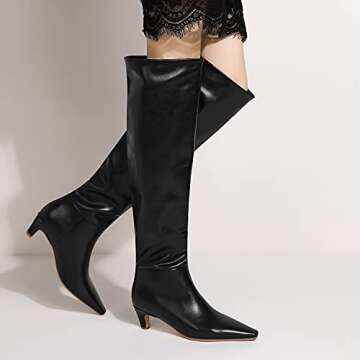 MOOMMO Women Kitten Heel Over Knee High Boots Square Toe Matte Pull On Wide Calf Pleated Low Heel Thigh Boots Stylish Retro Dress Boots Chic Party Comfy Black Size 8.5 M US