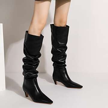 MOOMMO Women Kitten Heel Over Knee High Boots Square Toe Matte Pull On Wide Calf Pleated Low Heel Thigh Boots Stylish Retro Dress Boots Chic Party Comfy Black Size 8.5 M US