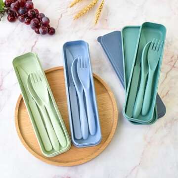 4 Set Reusable Utensils Set with Case, Travel Utensils with Case, Reusable Plastic Spoons and Forks ...