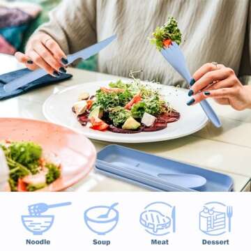 4 Set Reusable Utensils Set with Case, Travel Utensils with Case, Reusable Plastic Spoons and Forks Sets for Lunch Box Accessories, Portable Cutlery Set for Kids Adults Picnic Camping Work Use