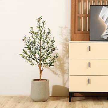 SOGUYI Artificial Olive Tree, 4FT Tall Faux Silk Plant with Natural Wood Trunk and Lifelike Fruits for Home Office Decor - Indoor Fake Potted Tree, 1 Pack