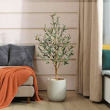SOGUYI Artificial Olive Tree, 4FT Tall Faux Silk Plant with Natural Wood Trunk and Lifelike Fruits for Home Office Decor - Indoor Fake Potted Tree, 1 Pack