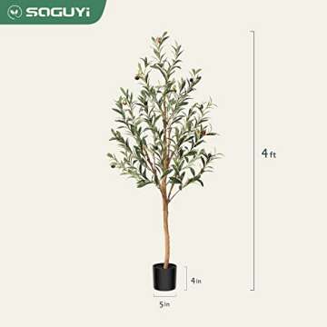 SOGUYI Artificial Olive Tree, 4FT Tall Faux Silk Plant with Natural Wood Trunk and Lifelike Fruits for Home Office Decor - Indoor Fake Potted Tree, 1 Pack
