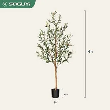 SOGUYI Artificial Olive Tree, 4FT Tall Faux Silk Plant with Natural Wood Trunk and Lifelike Fruits for Home Office Decor - Indoor Fake Potted Tree, 1 Pack