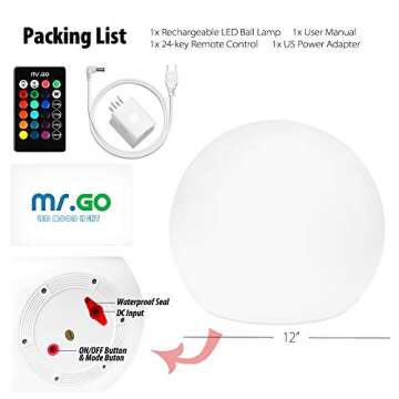 Mr.Go 12-inch Rechargeable LED Ball Light, RGB Color-Changing Globe Orb Lamp w/Remote, Home Kids Room Bedroom Bar Table Patio Pool Party Dimmable Sphere Nightlight Relax Mood Lighting Decoration
