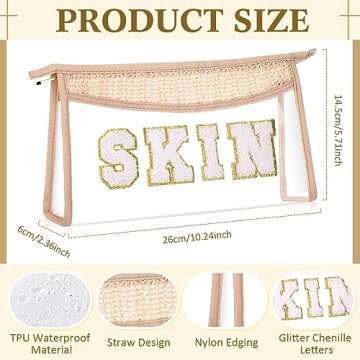 Sanwuta 4 Pieces Preppy Patch Makeup Bag Skin Face Sun Stuff Bag Chenille Letter Clear Straw Cosmeti...