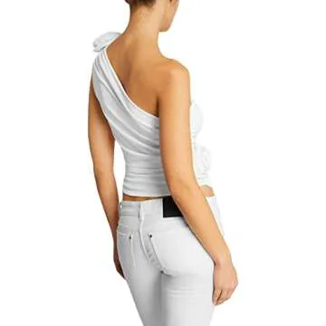 Women One Shoulder Cami Crop Tank Tops Summer Sexy Sleeveless 3D Rosette Ruched Beach Vacation Tee Shirt