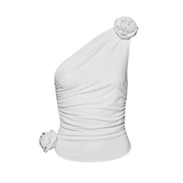 Women One Shoulder Cami Crop Tank Tops Summer Sexy Sleeveless 3D Rosette Ruched Beach Vacation Tee Shirt