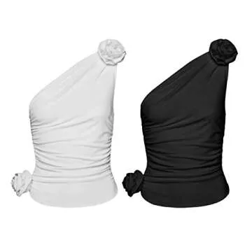 Women One Shoulder Cami Crop Tank Tops Summer Sexy Sleeveless 3D Rosette Ruched Beach Vacation Tee Shirt