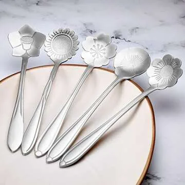 Chengu 8 Pieces Flower Coffee Spoons Stainless Steel Sugar Spoons Creative Tableware Set Stir Bar Flower Stirring Teaspoon, 8 Different Patterns(Silver)