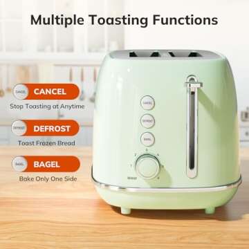 2 Slice Toaster Retro Stainless Steel Toaster with Bagel, Cancel, Defrost Function and 6 Bread Shade...