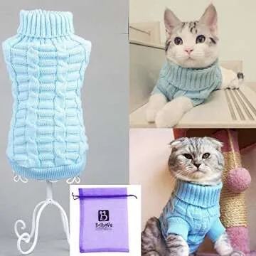 Bro'Bear Cable Knit Turtleneck Sweater for Small Dogs & Cats Knitwear (Blue, Medium)