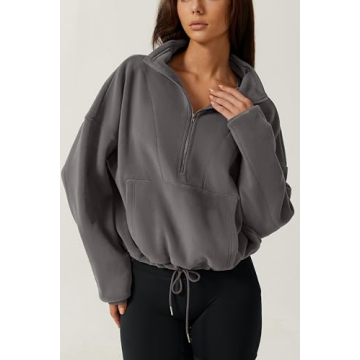 QINSEN Women Polar Fleece Sweatshirt Half Zip Long Sleeve Cozy Sherpa Pullover Jumpers Dark Grey M