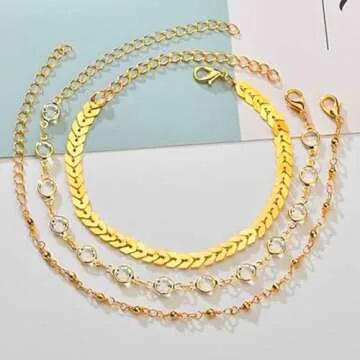 Zoestar Three-Layer Ankle Bracelet Gold Rhinestone Foot Chain Summer Sand Beach Anklet Foot Jewelry for Women(Color 1)