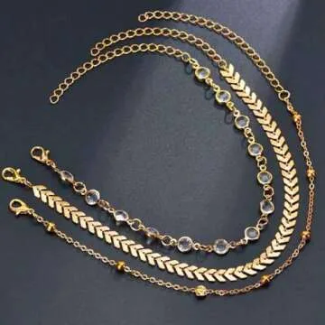 Zoestar Three-Layer Ankle Bracelet Gold Rhinestone Foot Chain Summer Sand Beach Anklet Foot Jewelry for Women(Color 1)