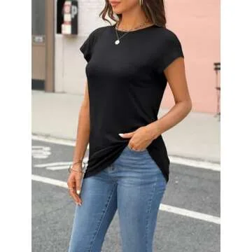 AUTOMET Womens Fashion Tops Summer Outfits T Shirts Business Casual Dressy Plus Size Cap Sleeve Tee Trendy Y2K Clothes Black M