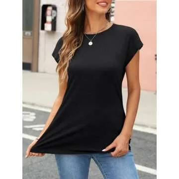 AUTOMET Womens Fashion Tops Summer Outfits T Shirts Business Casual Dressy Plus Size Cap Sleeve Tee Trendy Y2K Clothes Black M