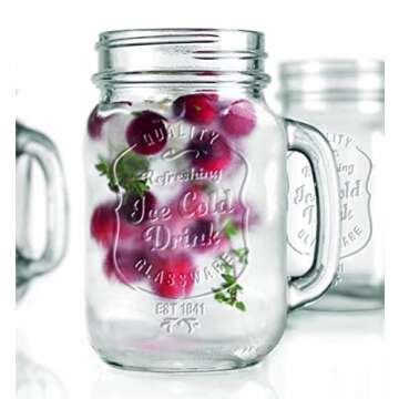 Glaver's Set of 10 Ice Cold 16 Oz. Mason Drinking Glasses With Handles. Quality Refreshing Ice Cold Embossed Logo Jars for Beverages, Cocktails, Shakes, Smoothies, Sodas, Juice.